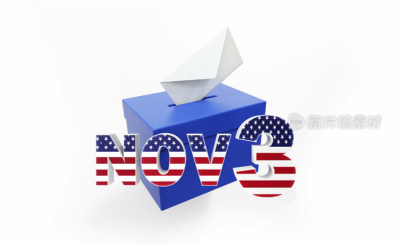 2020 US Presidential Election Concept - November 3 Written over Blue Ballot Box on White Background